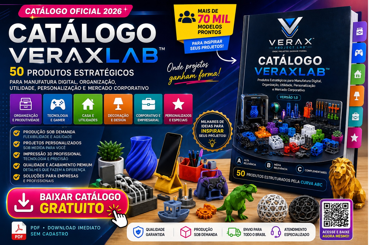 Catálogo Oficial VERAXLAB 2026 — 50 produtos estratégicos para manufatura digital, organização e personalização